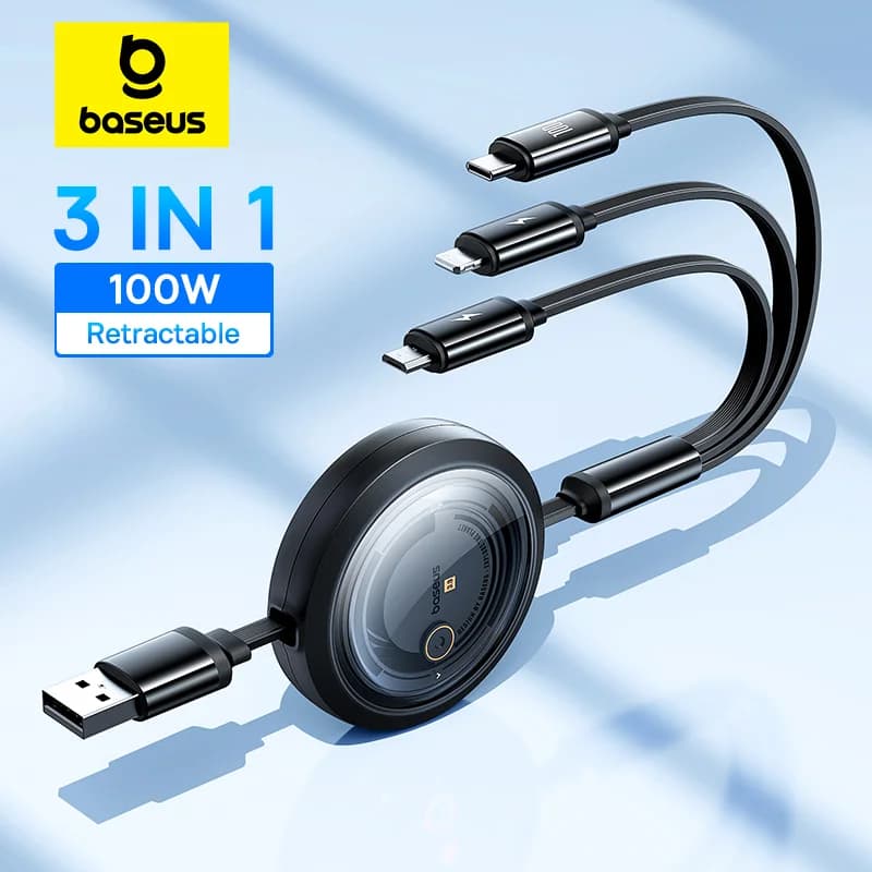 100W 3-in-1 리트랙터블 USB 충전 케이블
